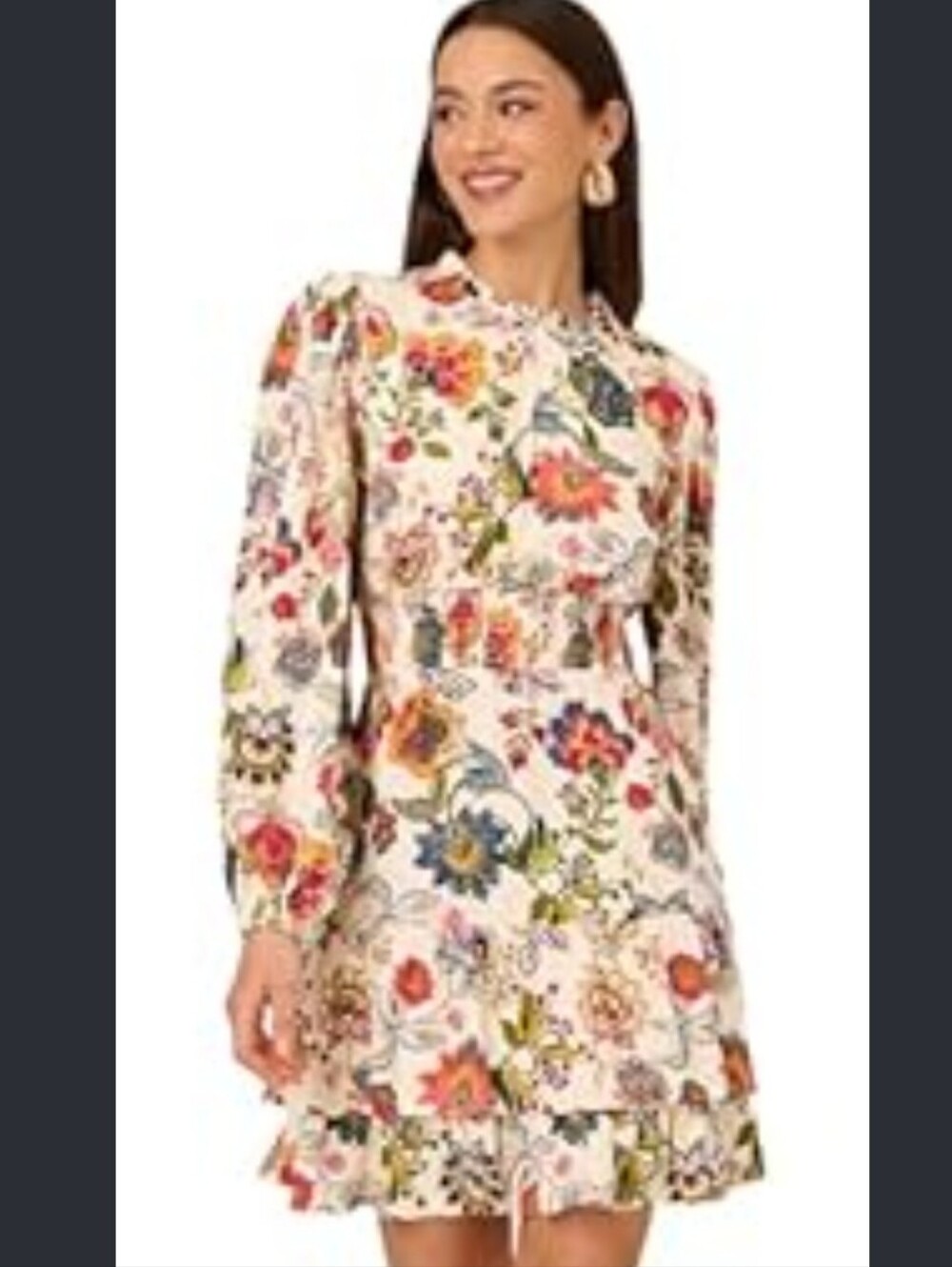Adrianna Papell Floral Smocked Waist Ruffle Mini Dress Sz 10 Long Sleeve Ivory